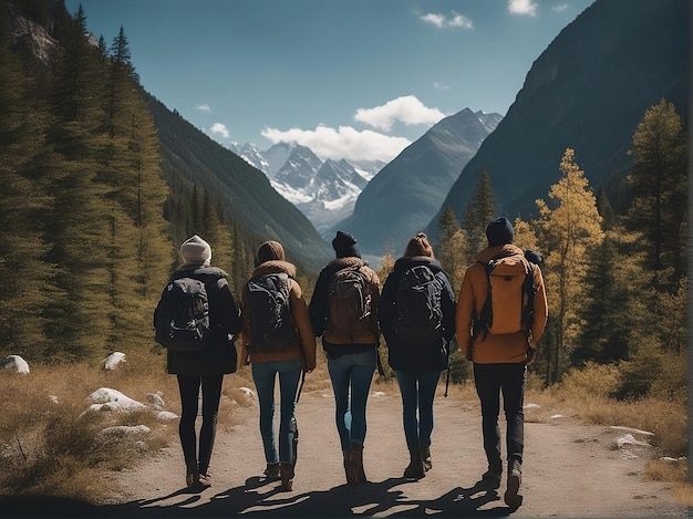 quattro persone che camminano lungo una strada con le montagne sullo sfondo.