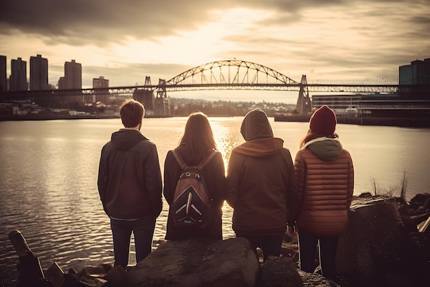 Quattro persone che guardano un ponte sull'acqua