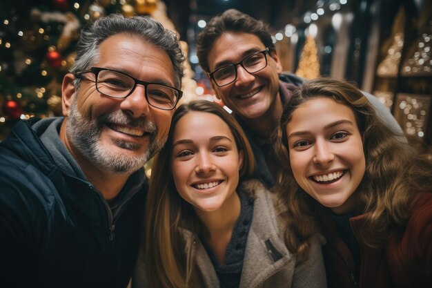 quattro persone con regali di Natale che fanno un selfie davanti all'albero di Natale