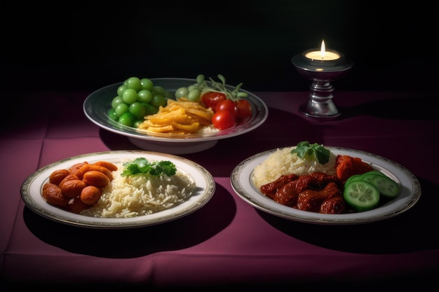 Quattro piatti di cibi diversi su un tavolo da pranzo