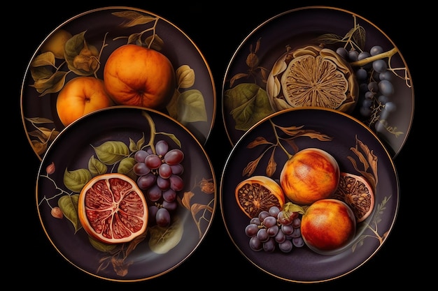 Quattro piatti di frutta con sopra una foglia