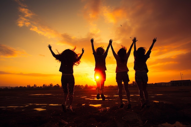Quattro ragazze felici che si godono il tramonto Sagome femminili saltano sullo sfondo del sole che tramonta all'aperto IA generativa
