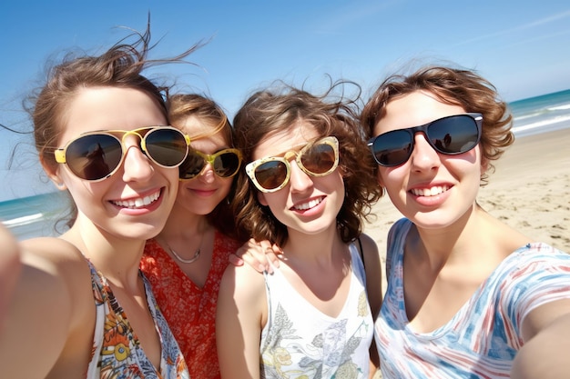 Quattro ragazze sorridono e indossano occhiali da sole e sorridono alla telecamera.