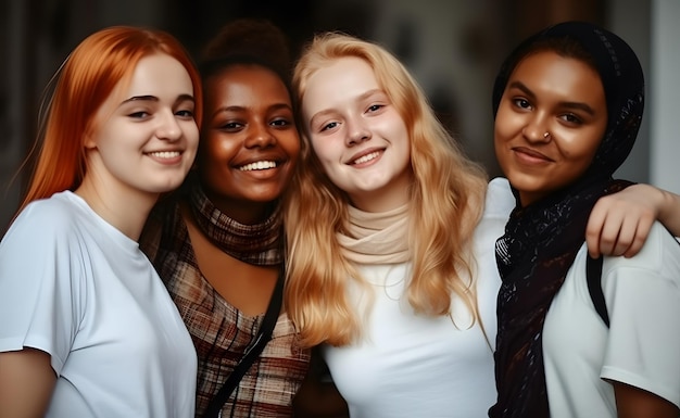 Quattro ragazze sorridono e una indossa una maglietta con la scritta "ti amo"