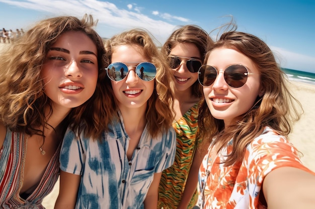 Quattro ragazze su una spiaggia che indossano magliette colorate e occhiali da sole