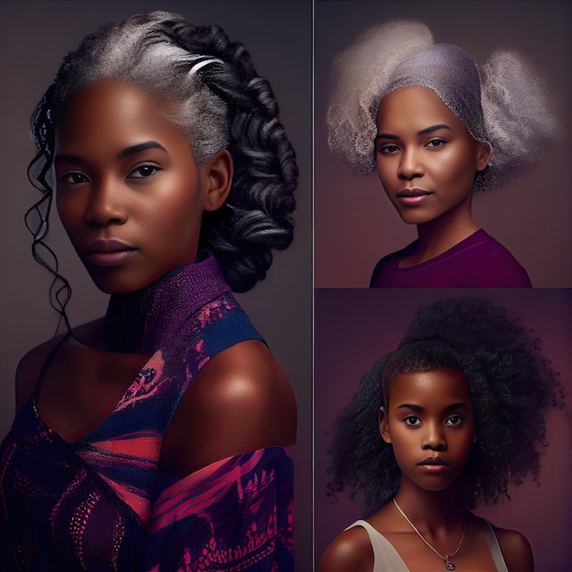 Quattro ritratti di una donna di colore con diverse acconciature