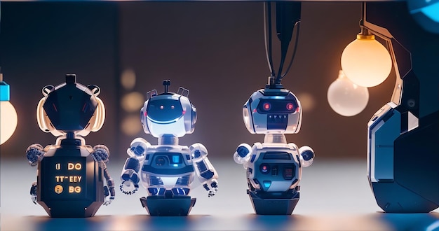 Quattro robot giocattolo visualizzano lampadine