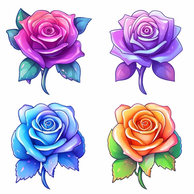 quattro rose di colore diverso con foglie su sfondo bianco ai generativa