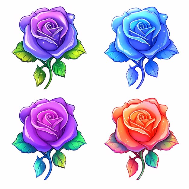 quattro rose di diversi colori con foglie su uno sfondo bianco generativo ai