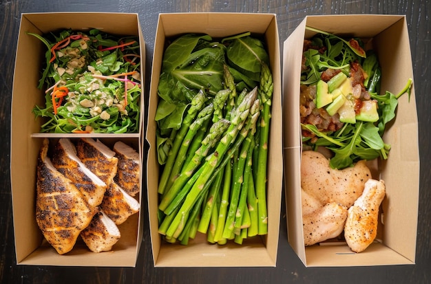 quattro scatole di cibo tra cui pollo agli asparagi e lattuga