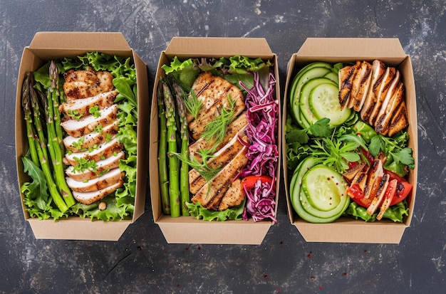 quattro scatole di cibo tra cui pollo agli asparagi e lattuga