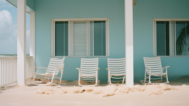 Quattro sedie bianche vuote di spiaggia di fronte all'oceano adiacente a una casa di spiaggia turchese