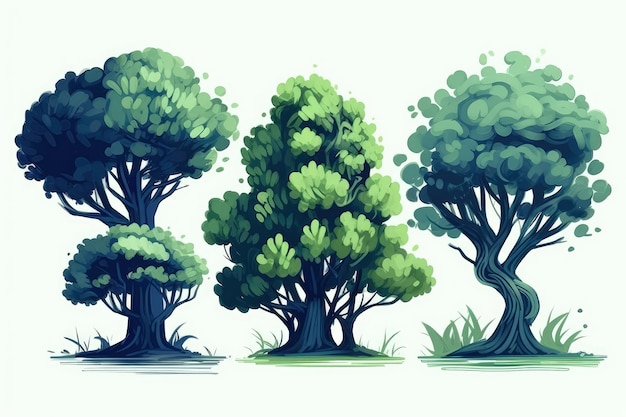 Quattro serie di alberi su uno sfondo bianco IA generativa