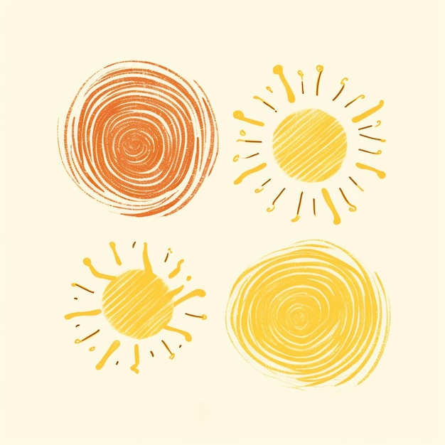 Quattro soli e il sole sono disegnati in arancione e giallo.