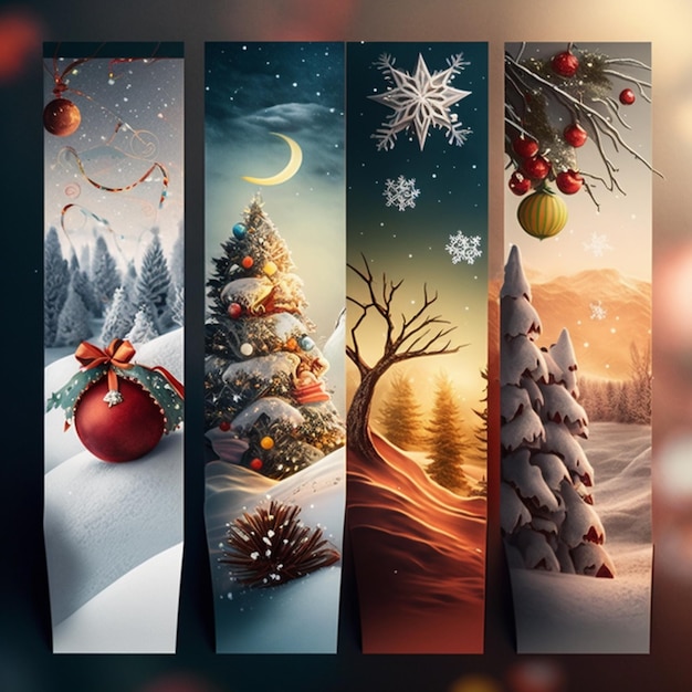 quattro striscioni con scene di Natale e decorazioni su di loro in un paesaggio innevato generativo ai