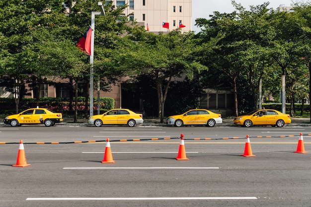 Quattro taxi gialli in attesa di clienti lungo la strada che vicino al parco con coni di traffico arancione.