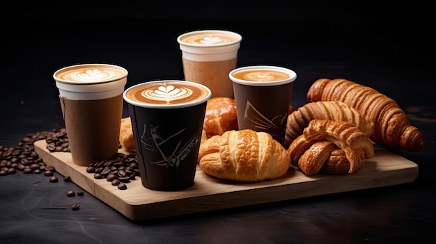 Quattro tipi di caffè con pasticcini su un tavolo croissant e frollini al cioccolato