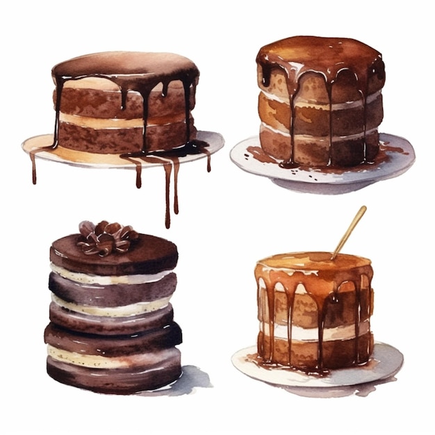 Quattro torte diverse con cioccolato e salsa al caramello su di loro generativo ai