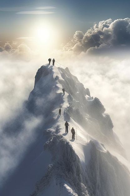 Quattro uomini in cima alla montagna, che camminano tra le nuvole, generati dall'AI