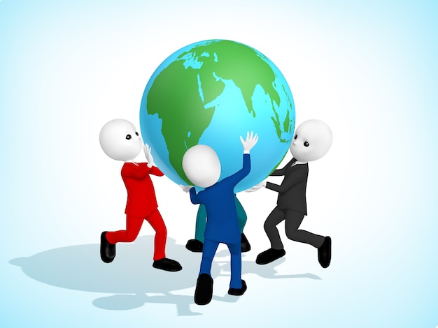 Quattro uomini sollevano il globo per mantenere il mondo al sicuro3d