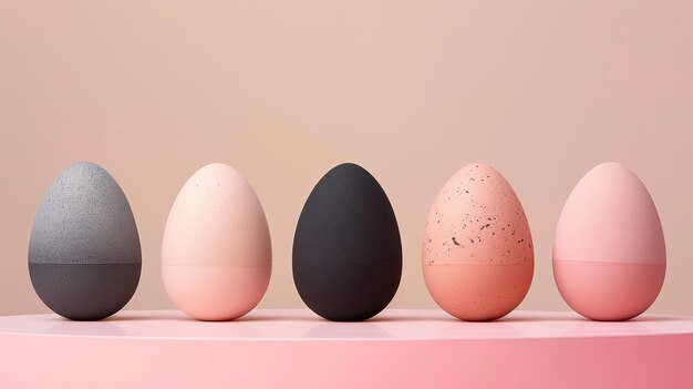Quattro uova colorate su superficie rosa in una fotografia di natura morta