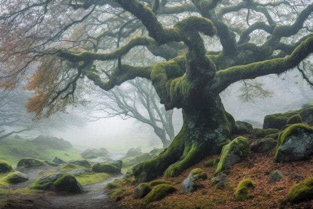 Quercia in una foresta nebbiosa creata con l'IA generativa