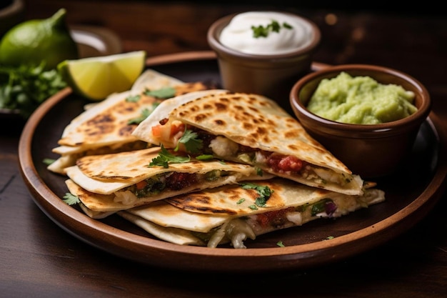 Quesadilla coperta di fette di avocado e olive nere