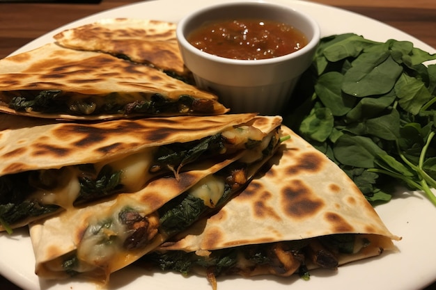 Quesadilla di funghi e spinaci con panna acida e salsa