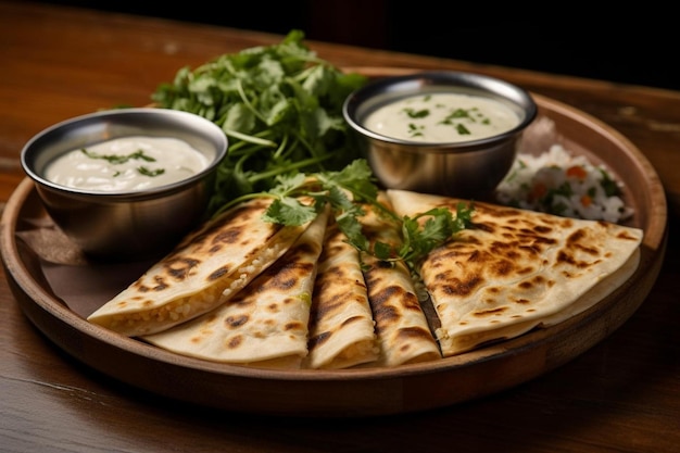 Quesadilla servita con un lato di cremosa salsa di limone e aneto