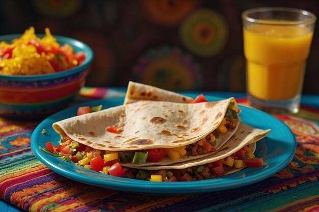 Quesadilla servita su un colorato piatto di festa