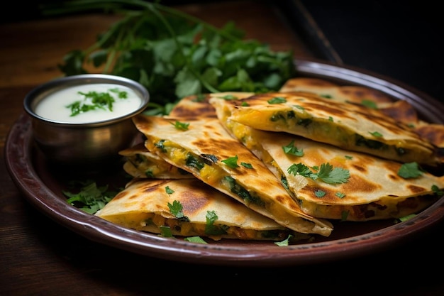 Quesadilla servite su un vivace tableclo a tema messicano