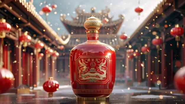 Questa bottiglia di liquore orientale in 3D è visualizzata sullo sfondo di un tetto cinese Testo liquore premium Baijiu Buon anno nuovo Secoli di tradizione Spirito premium Baiju tradizionale