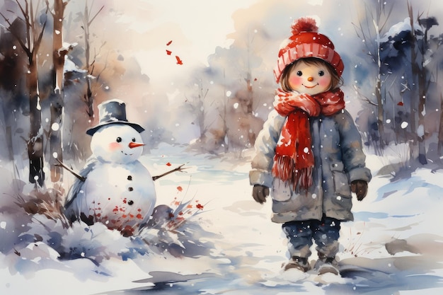 Questa cartolina di Natale ad acquerello raffigura un pupazzo di neve sorridente che indossa un cappello e sta in piedi da solo su un briciolo