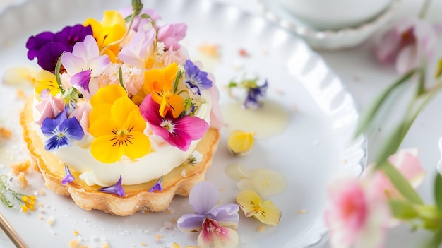 Questa deliziosa pasticceria è adornata con fiori commestibili Generative Ai