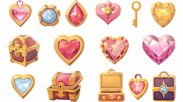 Questa è un'icona di gioco composta da elementi a forma di cuore Kit di illustrazione moderna di risorse di progettazione di gui Testo chiave e moneta con decorazioni di diamanti di cuore Oggetti d'oro con gemme in un tema d'amore