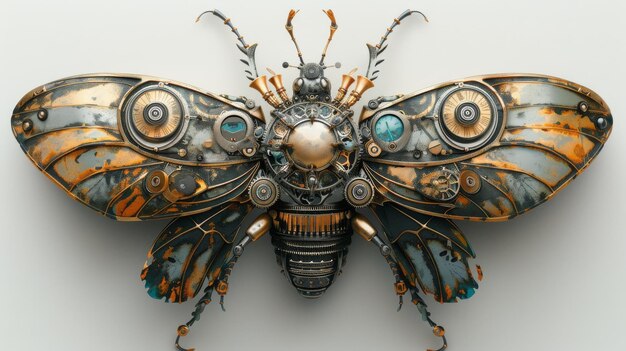 Questa è un'illustrazione 3D di un coleottero ornamentale meccanico steampunk in ottone con ingranaggi e ali a orologio