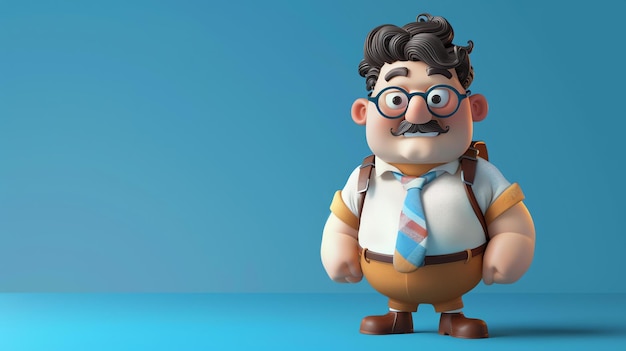 Questa è un'illustrazione 3D di un personaggio dei cartoni animati. È un uomo di mezza età con baffi e occhiali.