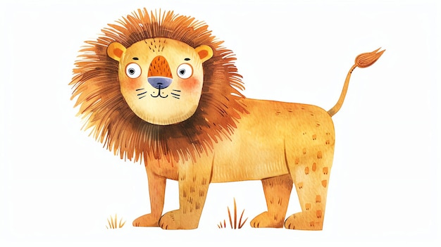 Questa è un'illustrazione ad acquerello di un leone carino e amichevole Il leone ha una grande criniera soffice e una lunga coda