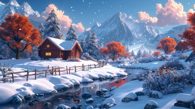 Questa è un'illustrazione dell'essere umano39s cottage nell'era glaciale Cabina recinzione pianta fiume ghiaccio Cartoon Style Creative Scenery Wallpaper Background Design