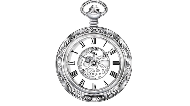 Questa è un'illustrazione in bianco e nero di un orologio da tasca. L'orologio è aperto e si può vedere il funzionamento interno.