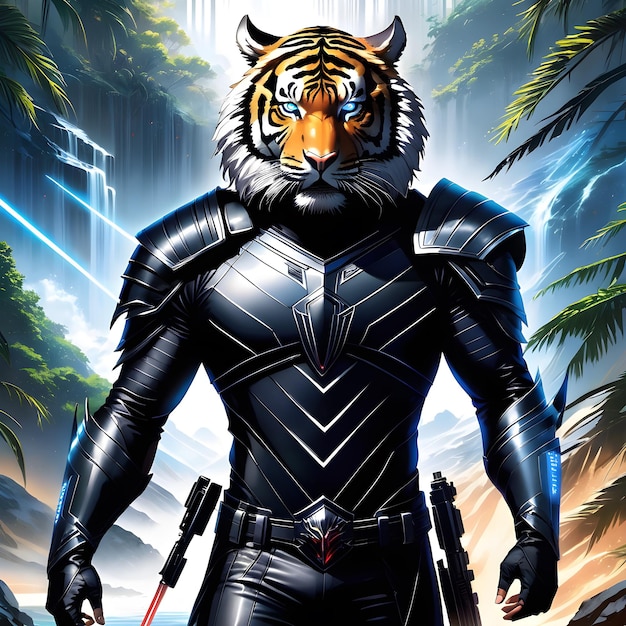 Questa è un'immagine di un concetto d'arte di una tigre di un bell'uomo ha una forte mascella e guance