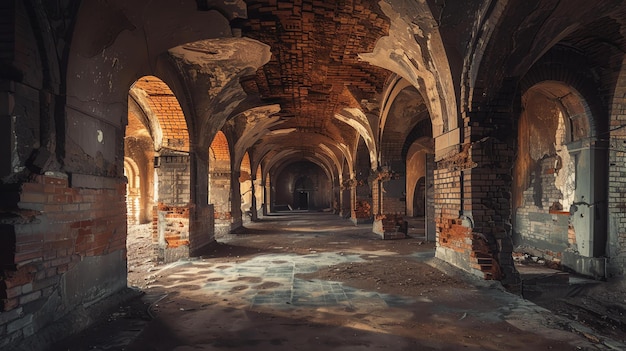 Questa è un'immagine di un lungo corridoio abbandonato con colonne e archi di mattoni, le pareti sono rotte e la vernice si sta sbucciando.