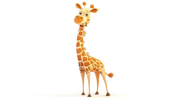 Questa è un'immagine di una giraffa carina ha un collo lungo una testa piccola e orecchie grandi è in piedi su uno sfondo bianco