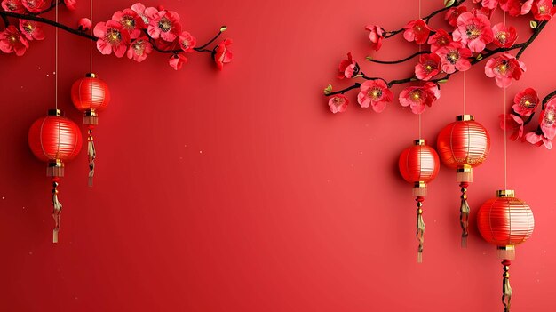 Questa è una bellissima immagine di lanterne cinesi rosse e dorate appese a un ramo di un albero di ciliegio in fiore