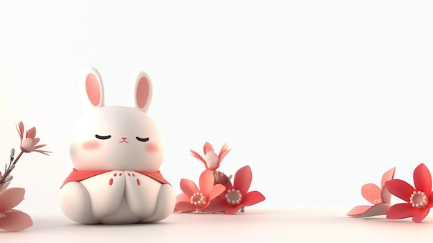 Questa è una carina illustrazione 3D di un coniglio in meditazione Il coniglio è bianco con orecchie e piedi rosa e indossa un accappatoio rosso con una cintura rosa