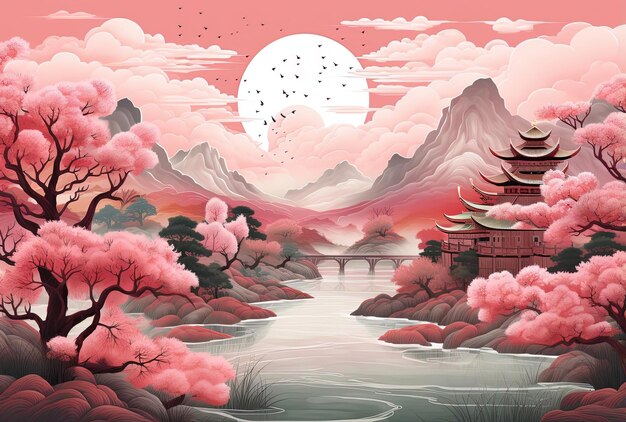 questa è una colorata illustrazione di un paesaggio asiatico nello stile del rosa chiaro e dello smeraldo