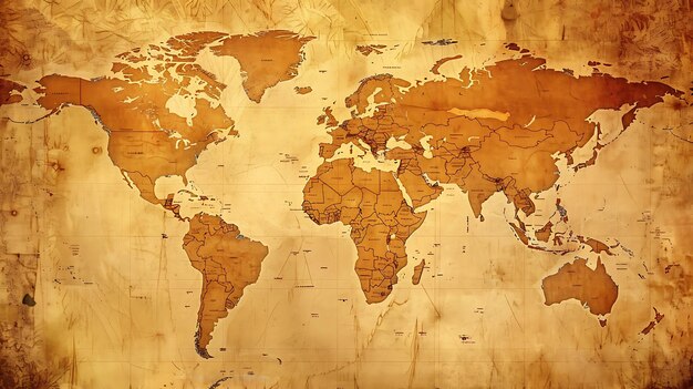 Questa è una mappa del mondo in stile vintage la mappa ha un tono sepia e una consistenza leggermente angosciata che le dà un aspetto invecchiato