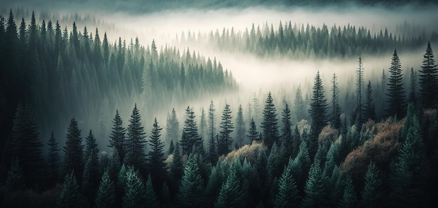 Questa è una vista a volo d'uccello di un bosco sempreverde nebbioso