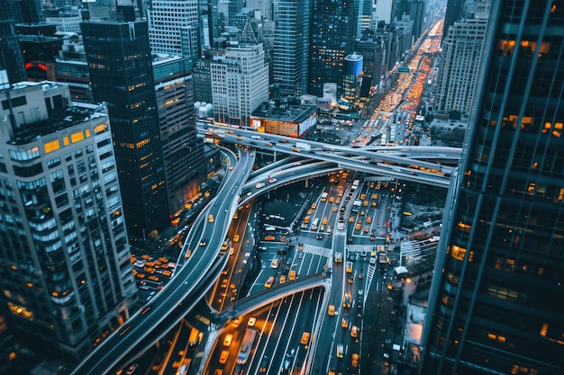 Questa foto cattura l'energia vibrante di una città di notte mostrando i suoi grattacieli illuminati e le strade affollate L'orizzonte della città con autostrade sovrapposte e traffico affollato Generato dall'AI