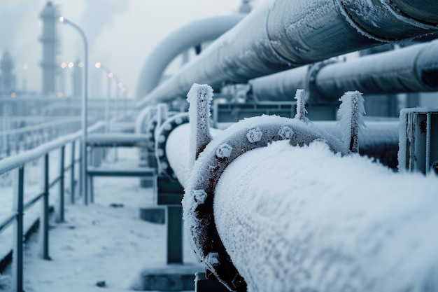 Questa foto cattura una scena di tubi coperti di neve allineati accanto a una recinzione di filo durante l'inverno.